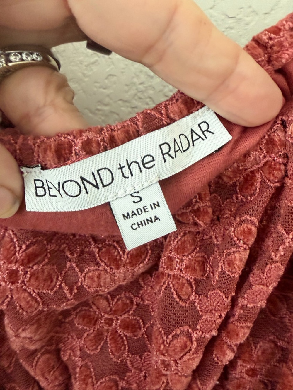 Beyond the Radar Off Shoulder Tie Front Floral Lace Crop Top Mauve Small - Picture 11 of 11